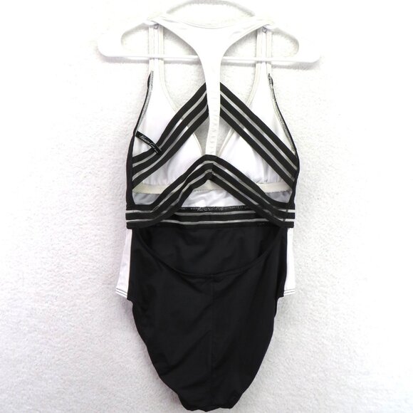 Kenneth Cole Swimsuit Womens Medium Black White One Piece Strappy Plunge Swim - Picture 3 of 8